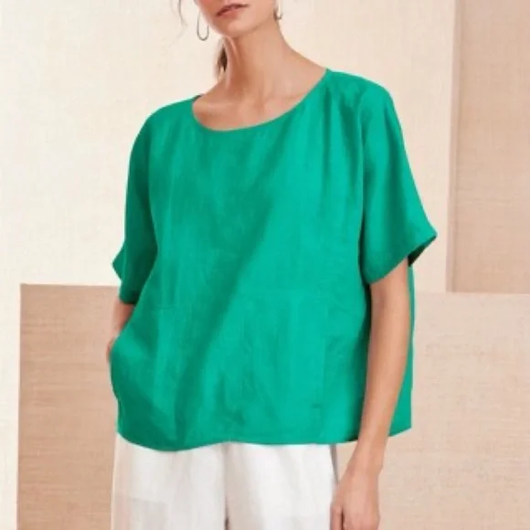 Eileen Fisher Delave Linen Top Large Green Boxy Relaxed Lagenlook Minimalist - Picture 3 of 12